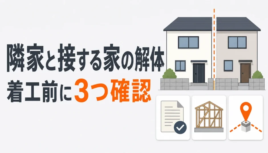隣家と接する家の解体で着工前に所有・構造・境界を確認することを示す図