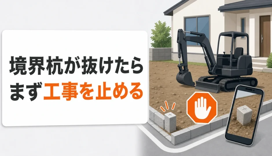 解体工事で境界杭が抜けたときに工事を止める初動を示す図