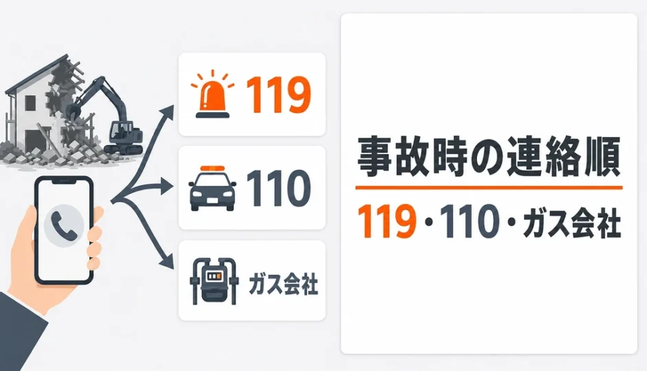 解体工事中の事故で119番・110番・ガス会社への連絡順を示す図