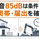 解体工事の騒音85dBが条件付き基準で、時間帯と届出の確認が必要と示す図