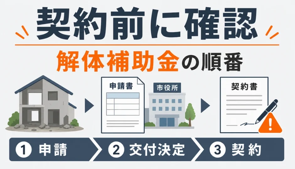 解体補助金は契約前に確認する順番が重要であることを示す図解