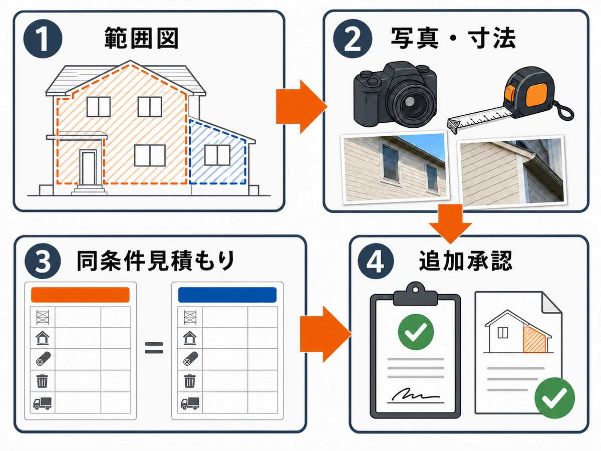 外構撤去の範囲図から同条件見積もりと追加承認までの確認手順