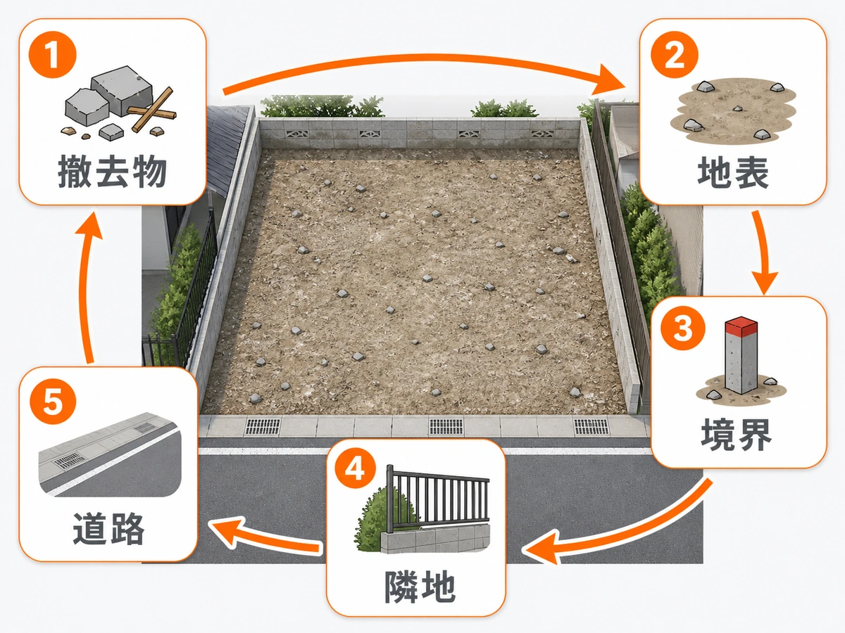 解体後の更地を撤去物・地表・境界・隣地・道路の順に確認する流れ
