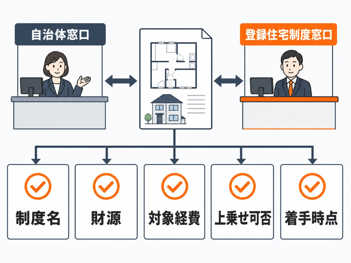 補助金の併用可否を制度名・財源・対象経費・上乗せ可否・着手時点で確認する図