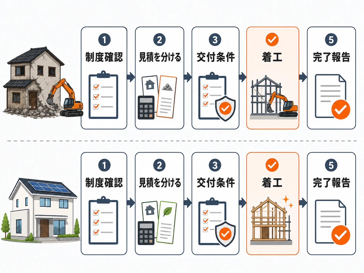 解体補助と新築補助の制度確認から完了報告までを分けて管理する図