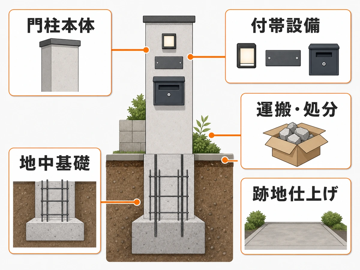門柱撤去の見積もりを本体・基礎・付帯設備・運搬処分・跡地仕上げに分けた図