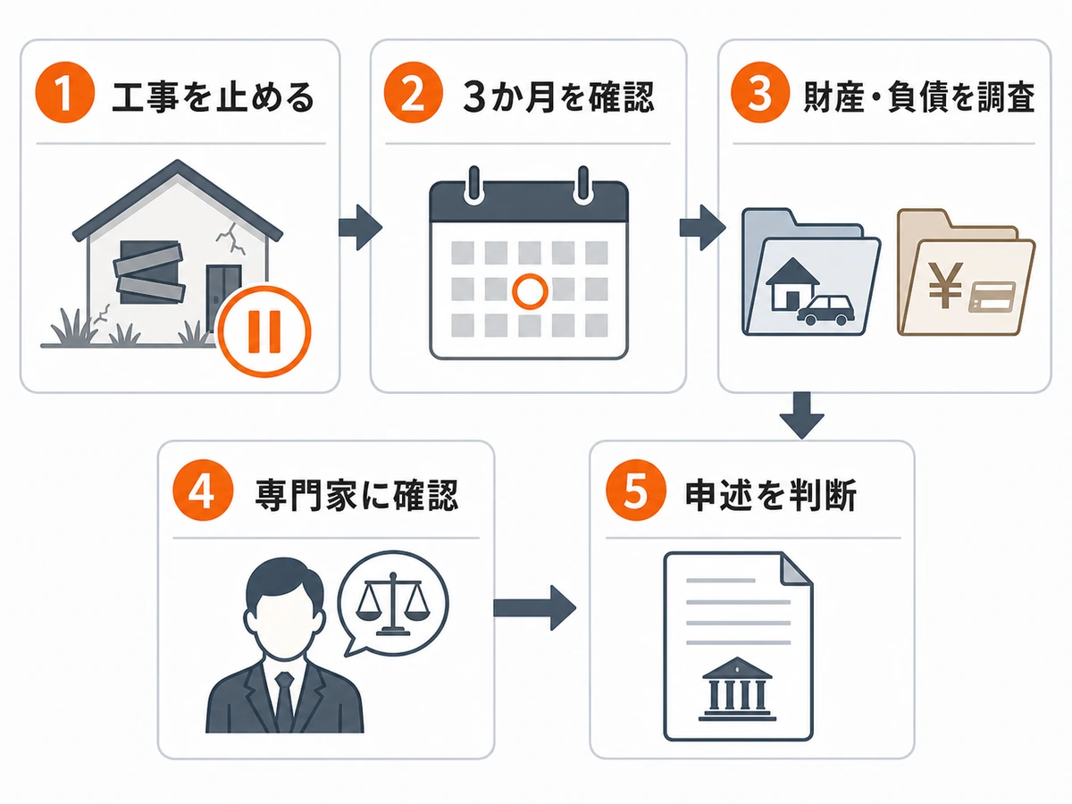相続放棄前に工事を止め、期限と財産を確認して申述を判断する流れ