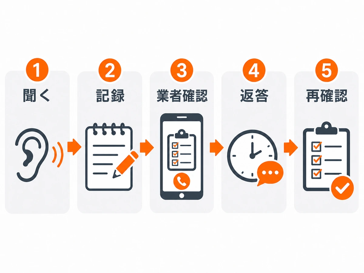 近隣クレームを聞く・記録・業者確認・返答・再確認の順で進める図