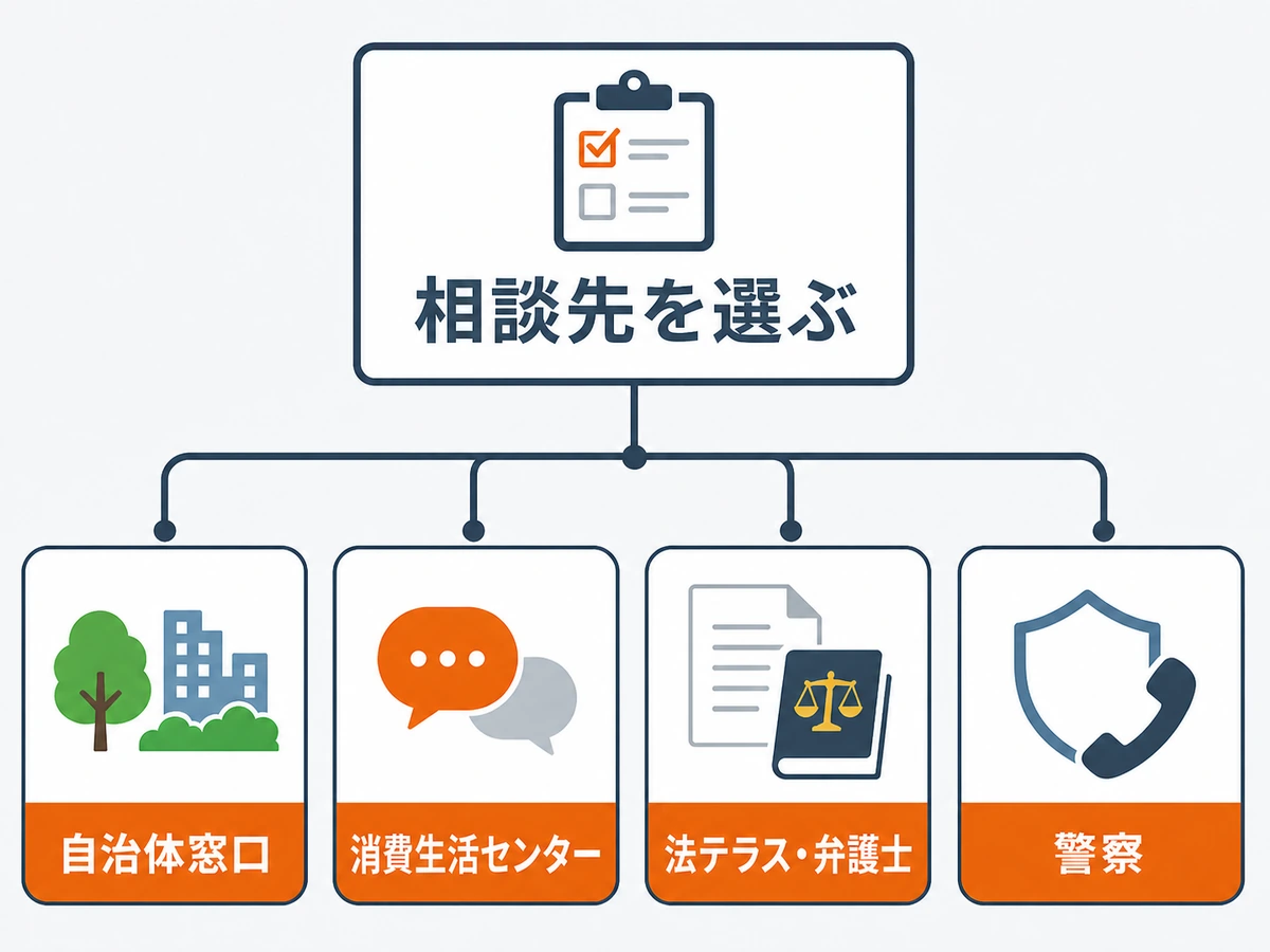 解体工事のクレーム内容に応じて自治体・消費生活センター・法テラスや弁護士・警察を選ぶ図