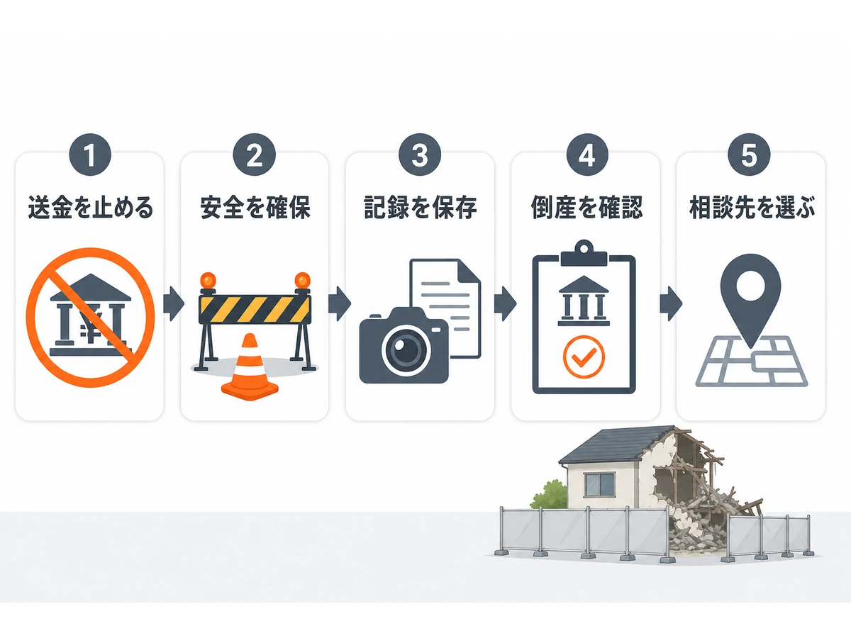 解体業者が連絡不通になったときの送金停止、安全確保、記録保存、倒産確認、相談先選択の5手順