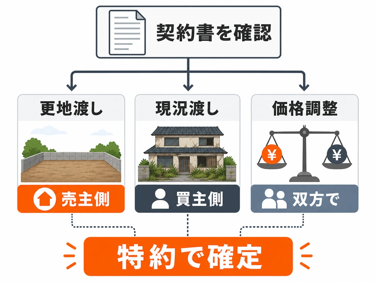 更地渡し、現況渡し、価格調整から解体費用の負担を確認する流れ