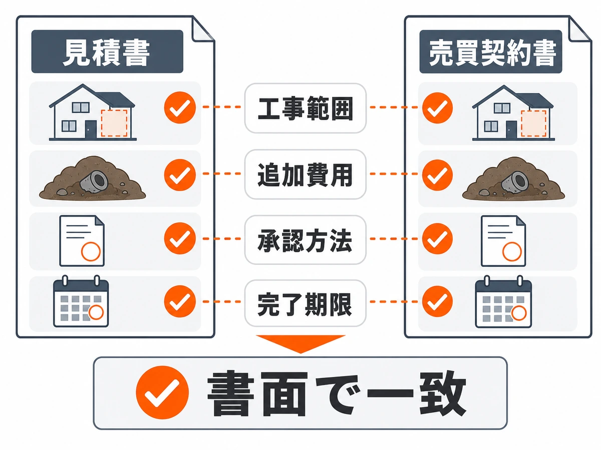 見積書と売買契約書で工事範囲、追加費用、承認方法、完了期限を照合する図