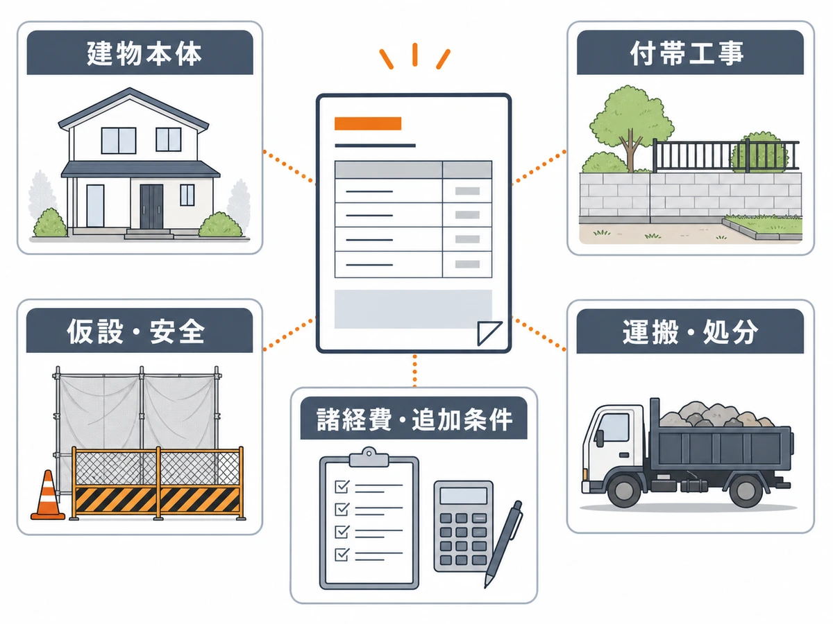 解体工事の見積書を建物本体、付帯工事、仮設・安全、運搬・処分、諸経費・追加条件に分けた図