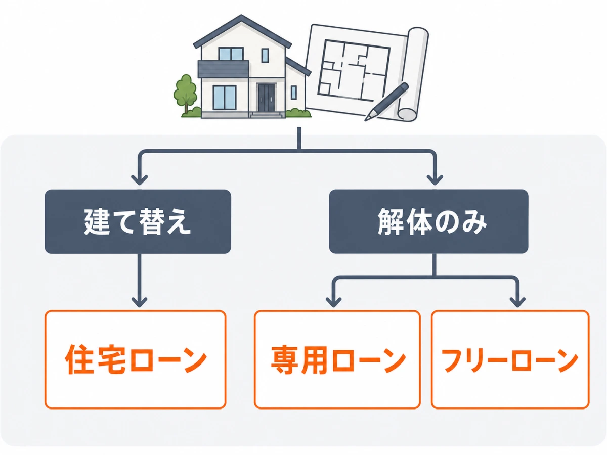 建て替えと解体のみで住宅ローン・専用ローン・フリーローンを分ける判断図