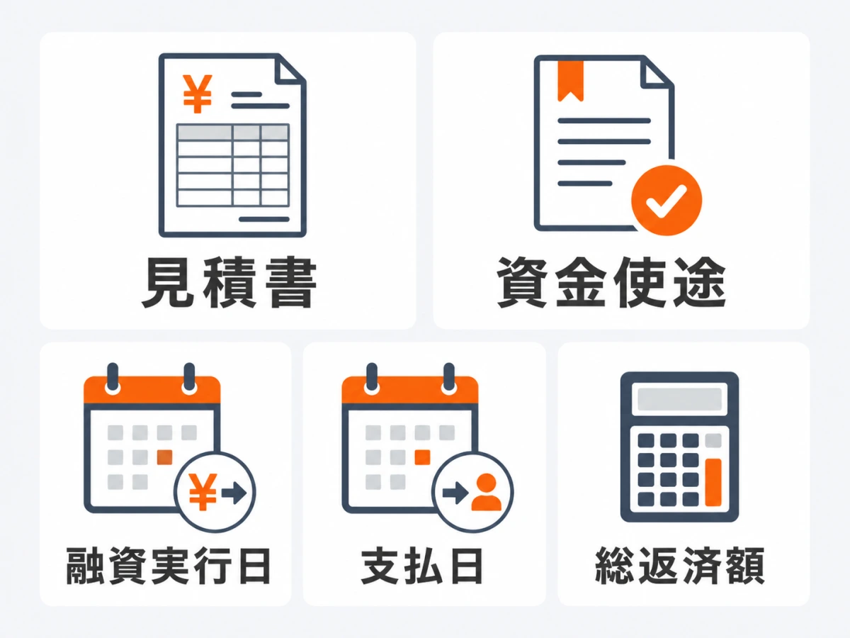 見積書・資金使途・融資実行日・支払日・総返済額の申込前チェック図