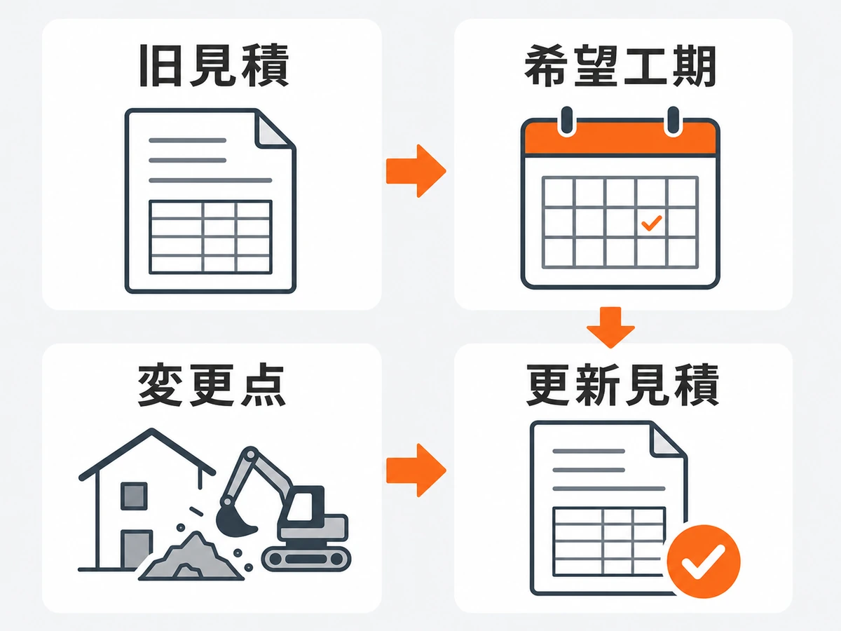 再見積依頼で用意する旧見積、希望工期、変更点と受け取る更新見積の図