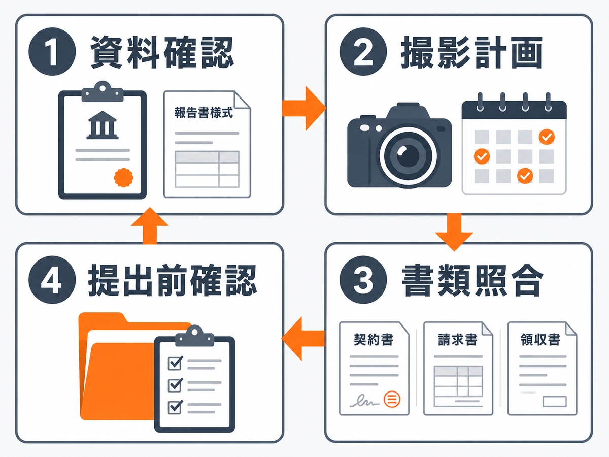 解体補助金の実績報告を資料確認、撮影計画、書類照合、提出前確認の順に進める図