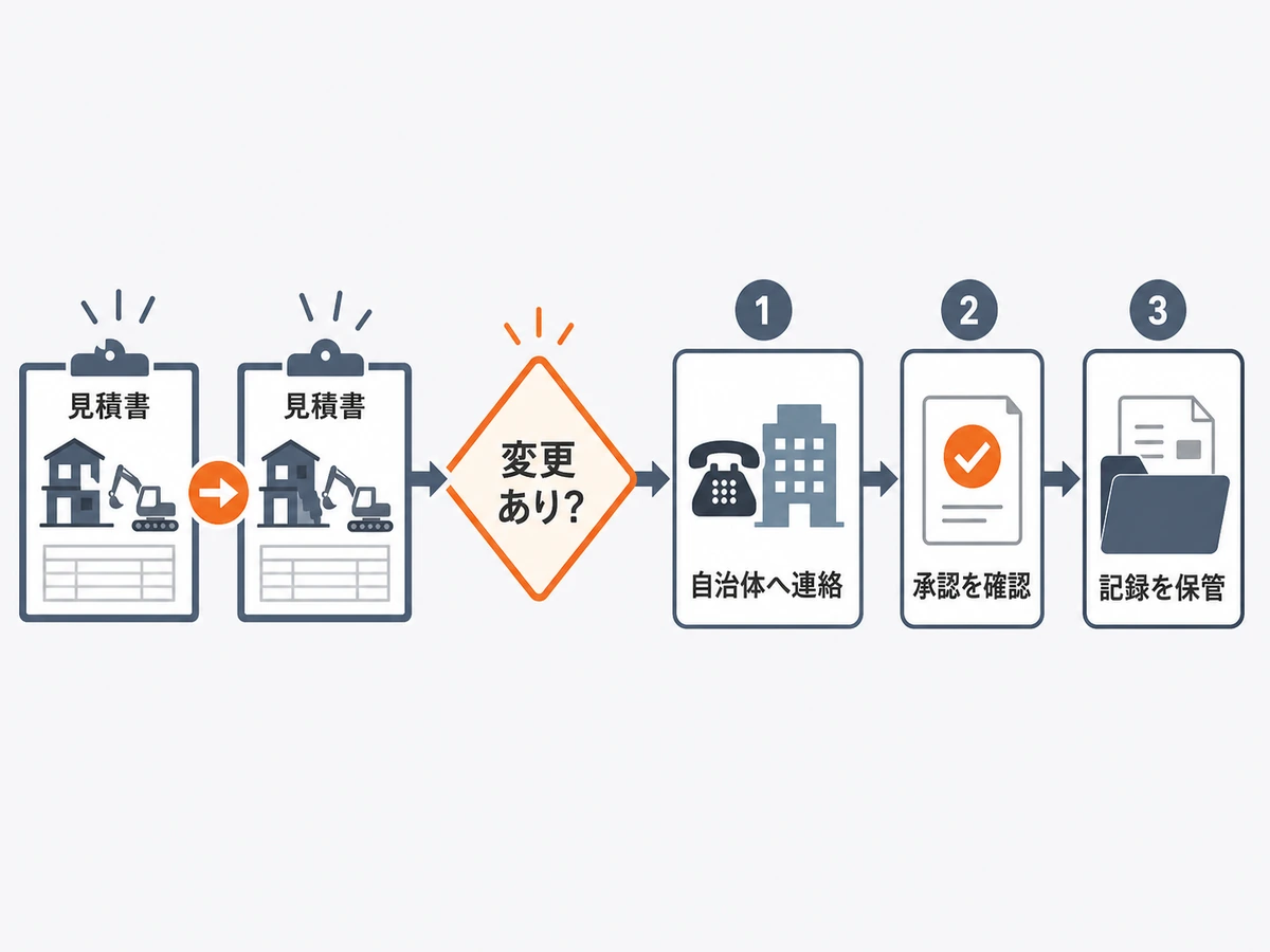 解体工事の変更があるときに自治体へ連絡し、承認要否を確認して記録を保管する流れ