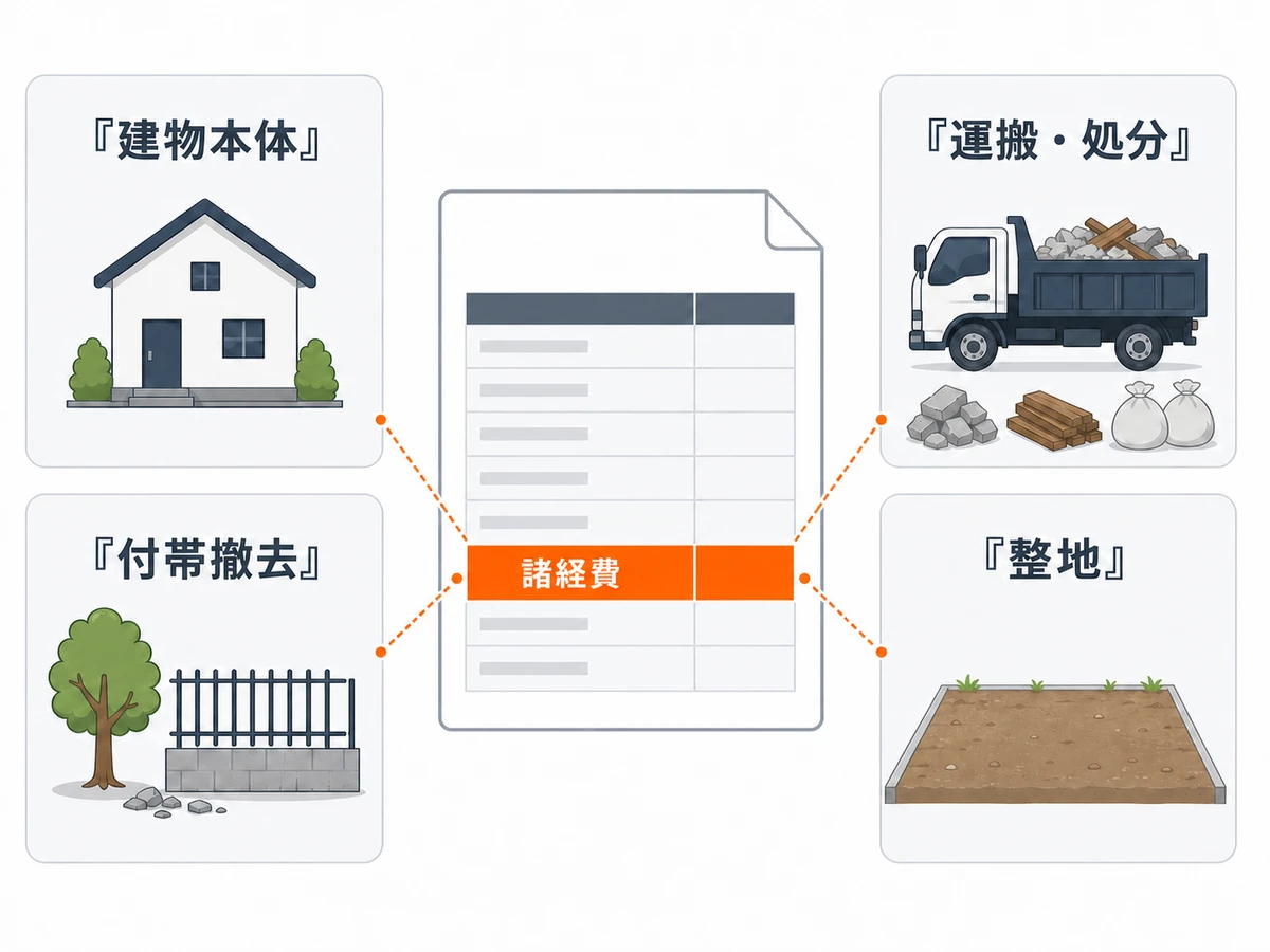 解体見積の建物本体・付帯撤去・運搬処分・整地と諸経費を照合する図