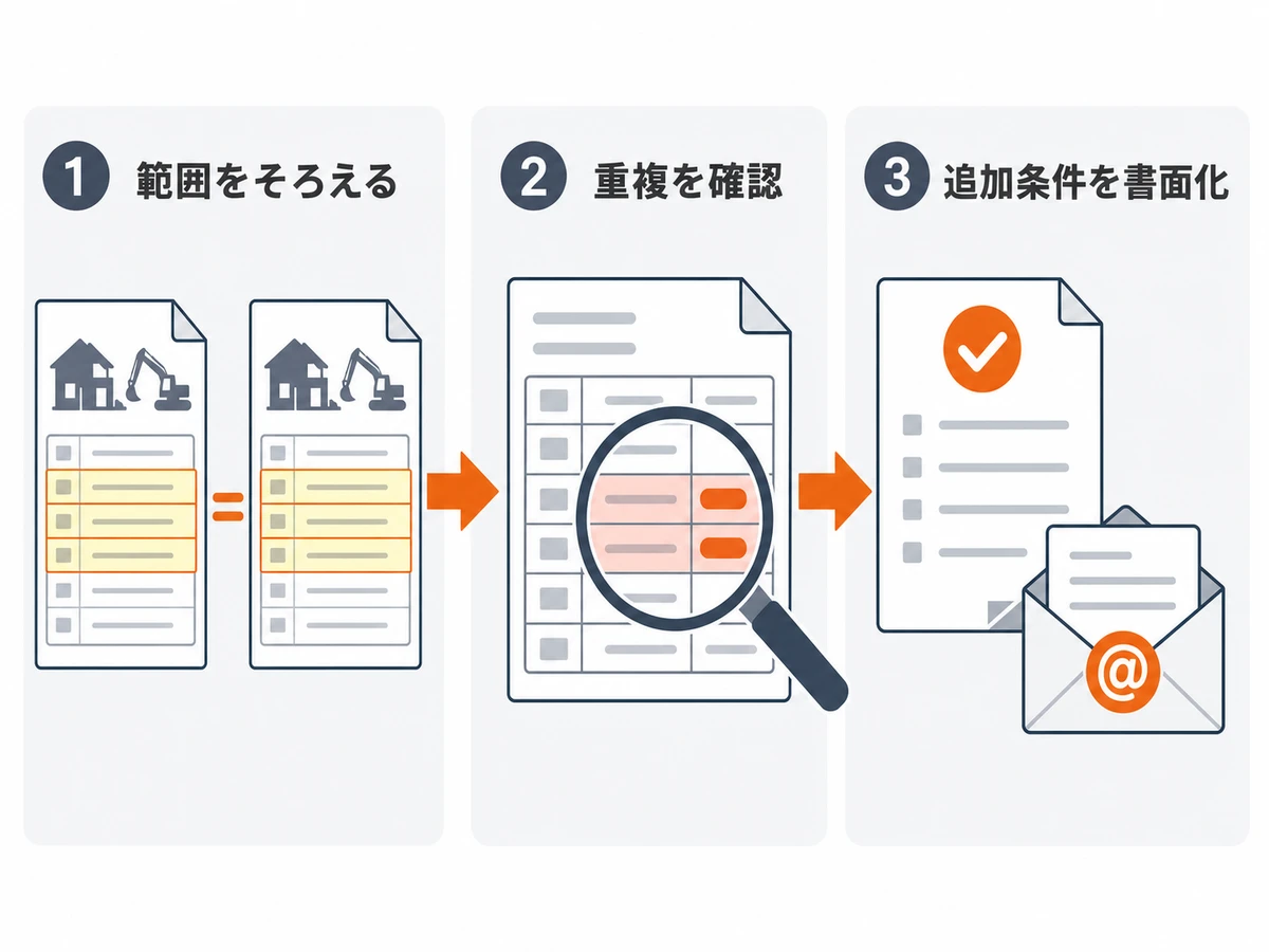 解体見積を契約前に範囲・重複・追加条件の順で確認する図