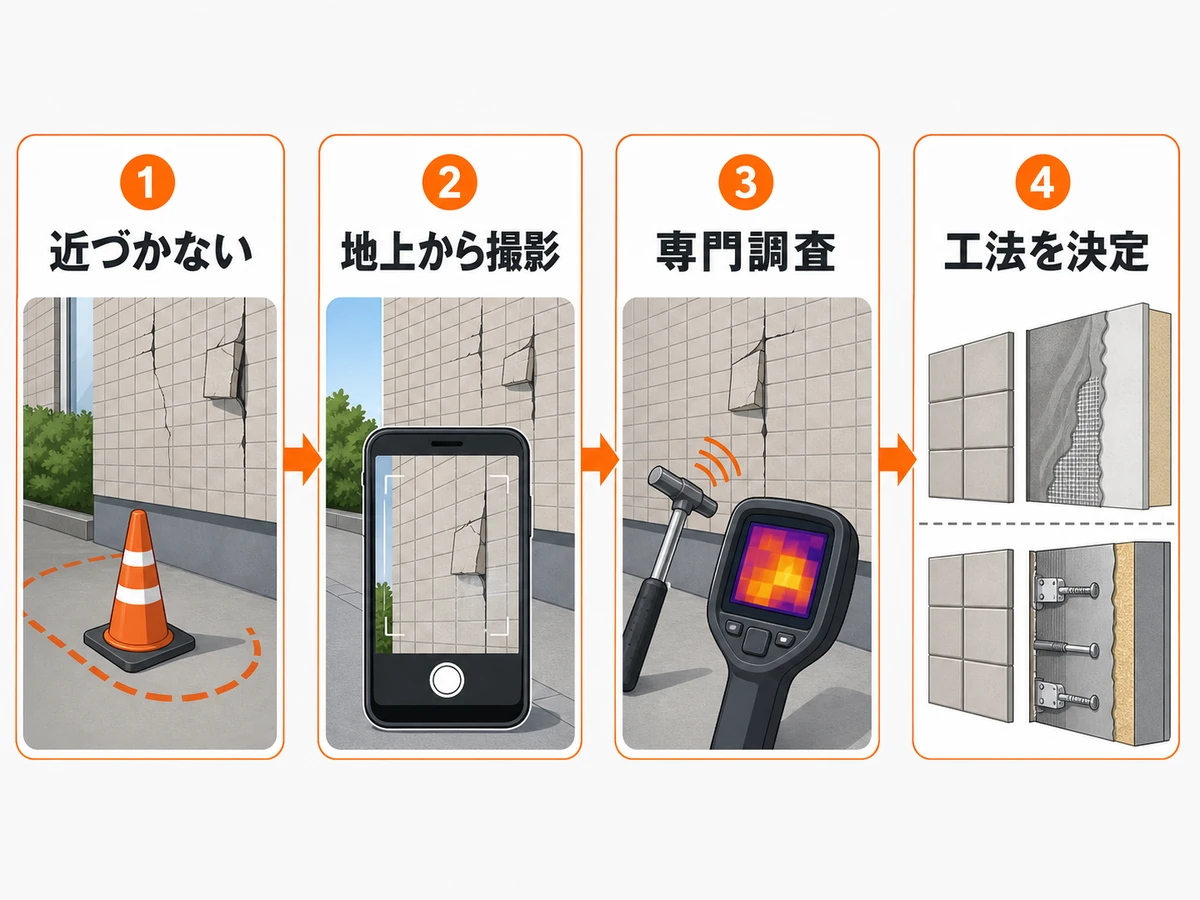 外壁タイルの異常を見つけてから工法を決めるまでの安全な確認順