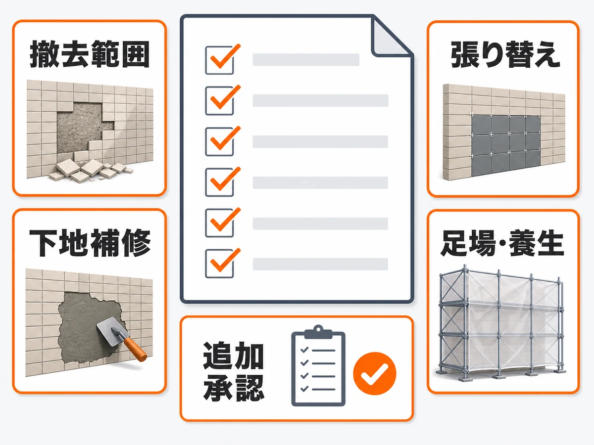 外壁タイル補修の見積書で確認する撤去範囲や下地補修などの項目
