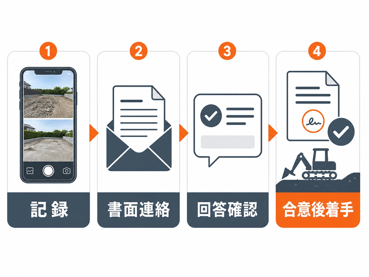 記録、書面連絡、回答確認、合意後着手の順で手直し依頼を進める図