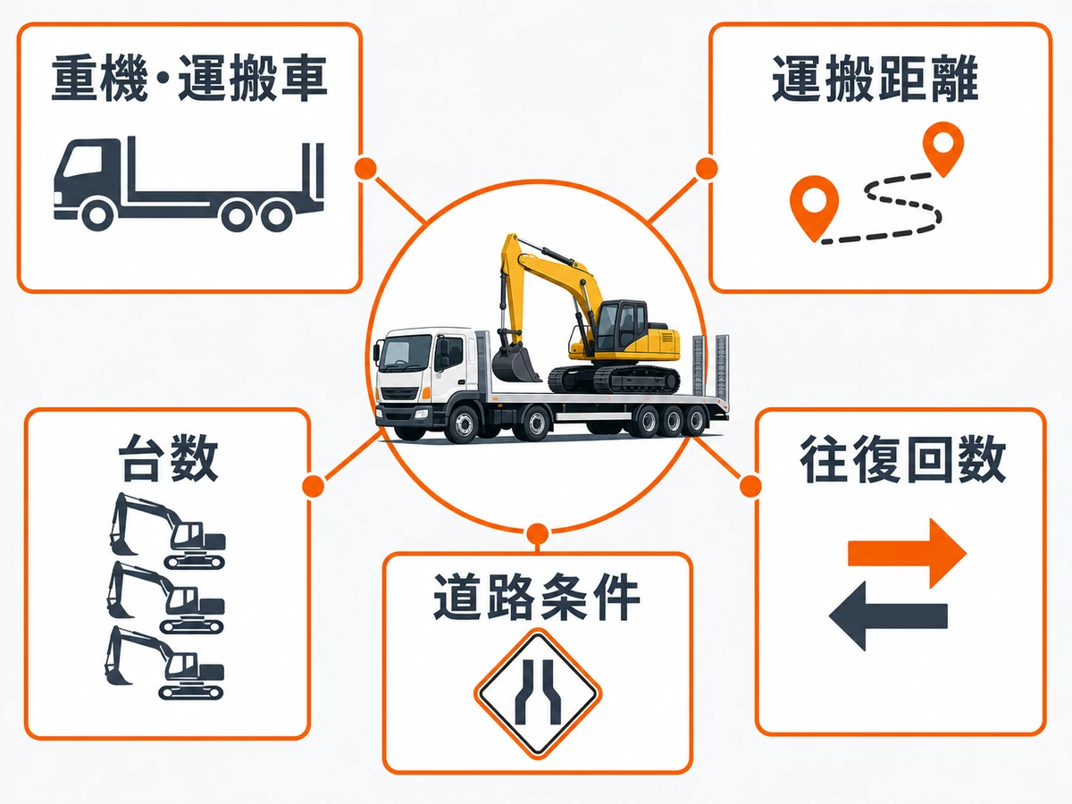 重機回送費を左右する重機・距離・台数・往復回数・道路条件の図