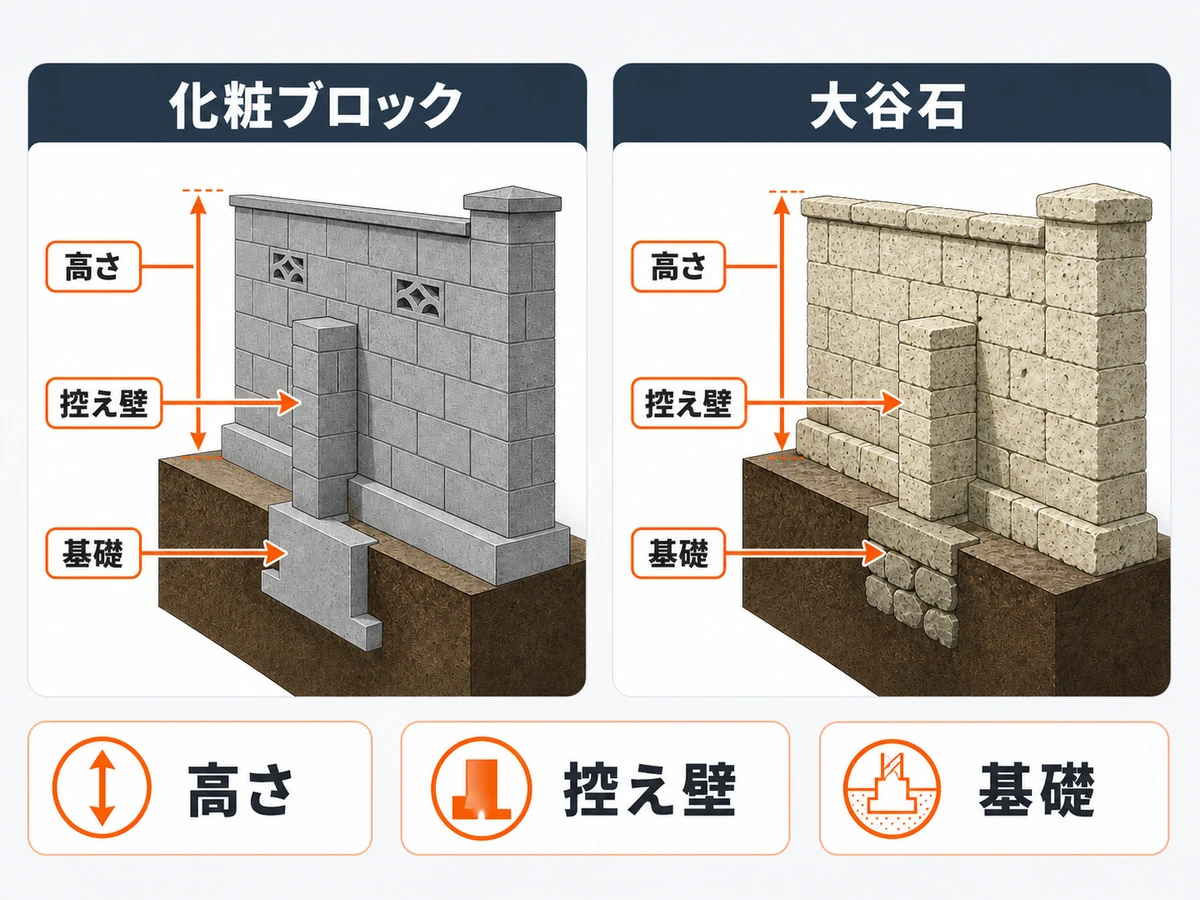 化粧ブロック塀と大谷石塀で高さ・控え壁・基礎を分けて確認する図