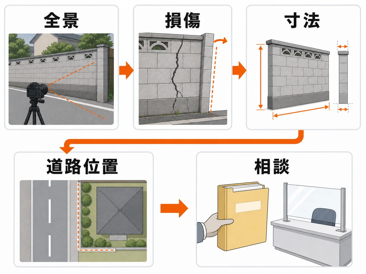 古い塀の全景・損傷・寸法・道路位置を記録して相談する流れ