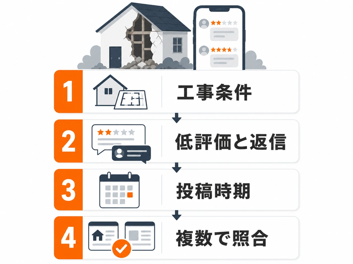 解体業者の口コミを工事条件、低評価と返信、投稿時期、複数情報源の順に確認する図