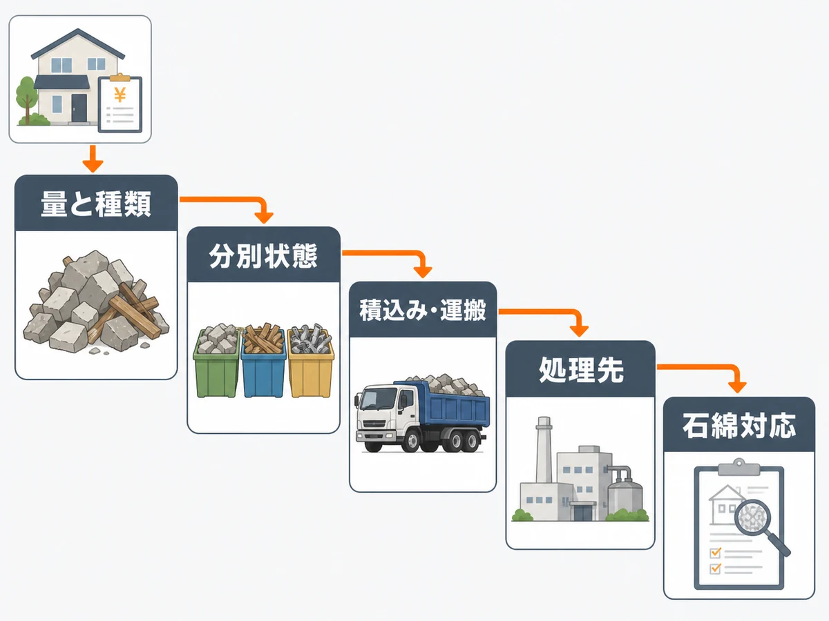 産廃処分費を左右する量と種類、分別、運搬、処理先、石綿対応の流れ