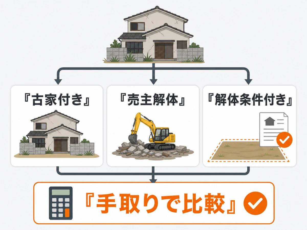 古家付き・売主解体・解体条件付きの3つの売却案を手取りで比べる図
