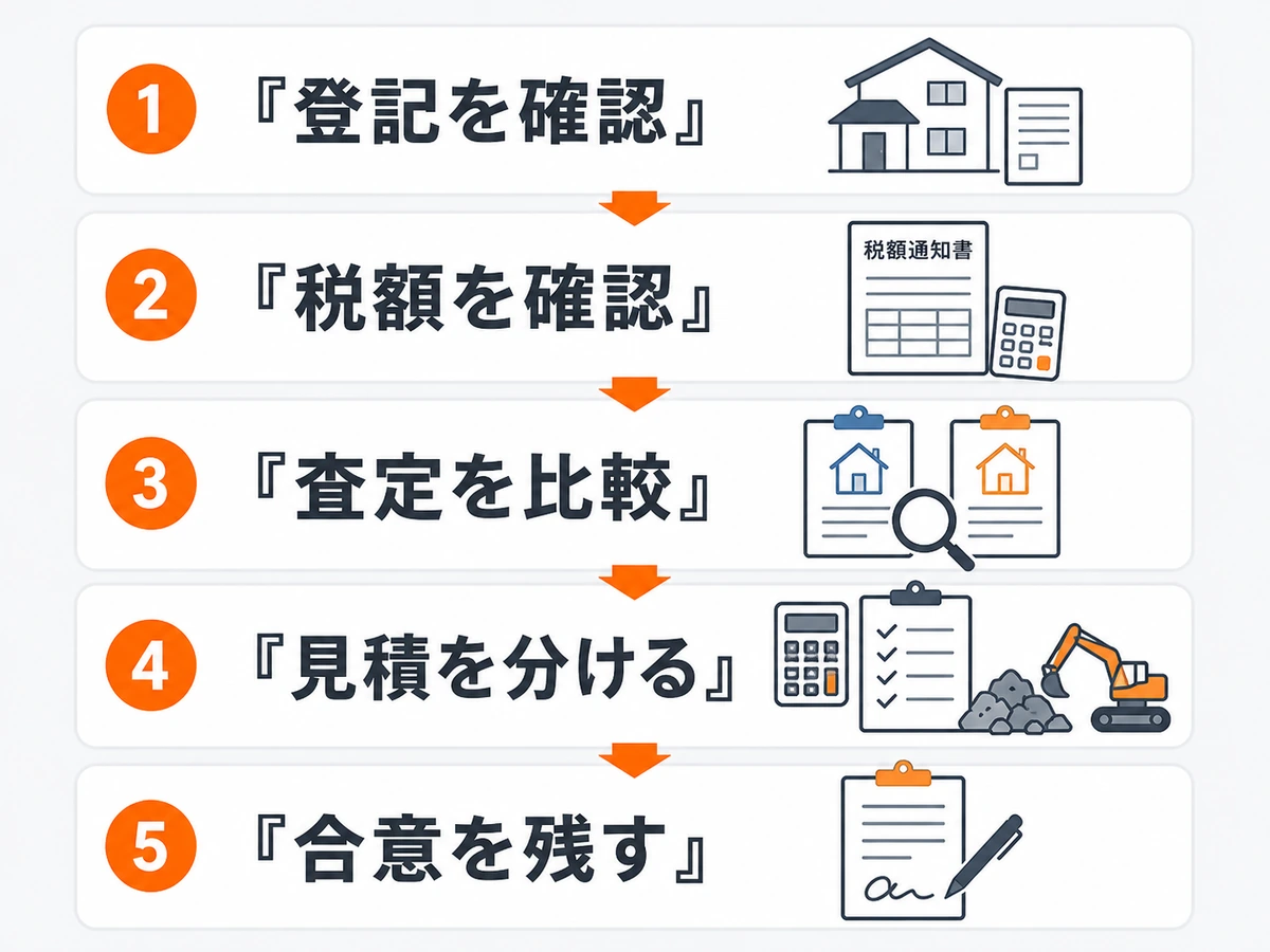 古家を解体する前に登記・税額・査定・見積・相続人の合意を確認する図