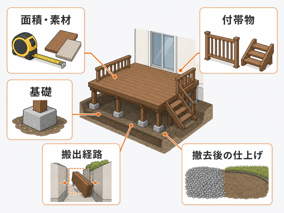 ウッドデッキ撤去費用を左右する面積・素材・基礎・付帯物・搬出経路・仕上げの図