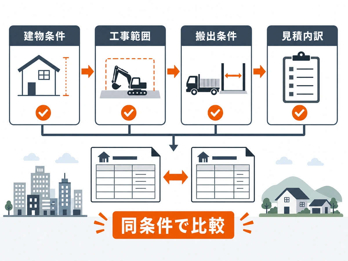 建物条件、工事範囲、搬出条件、見積内訳をそろえて解体見積もりを比較する流れ