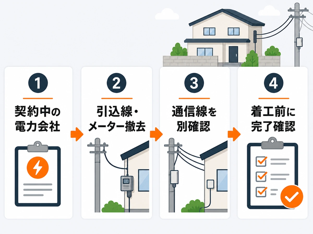 解体前に電力会社への連絡から引込線・通信線の撤去完了までを確認する流れ