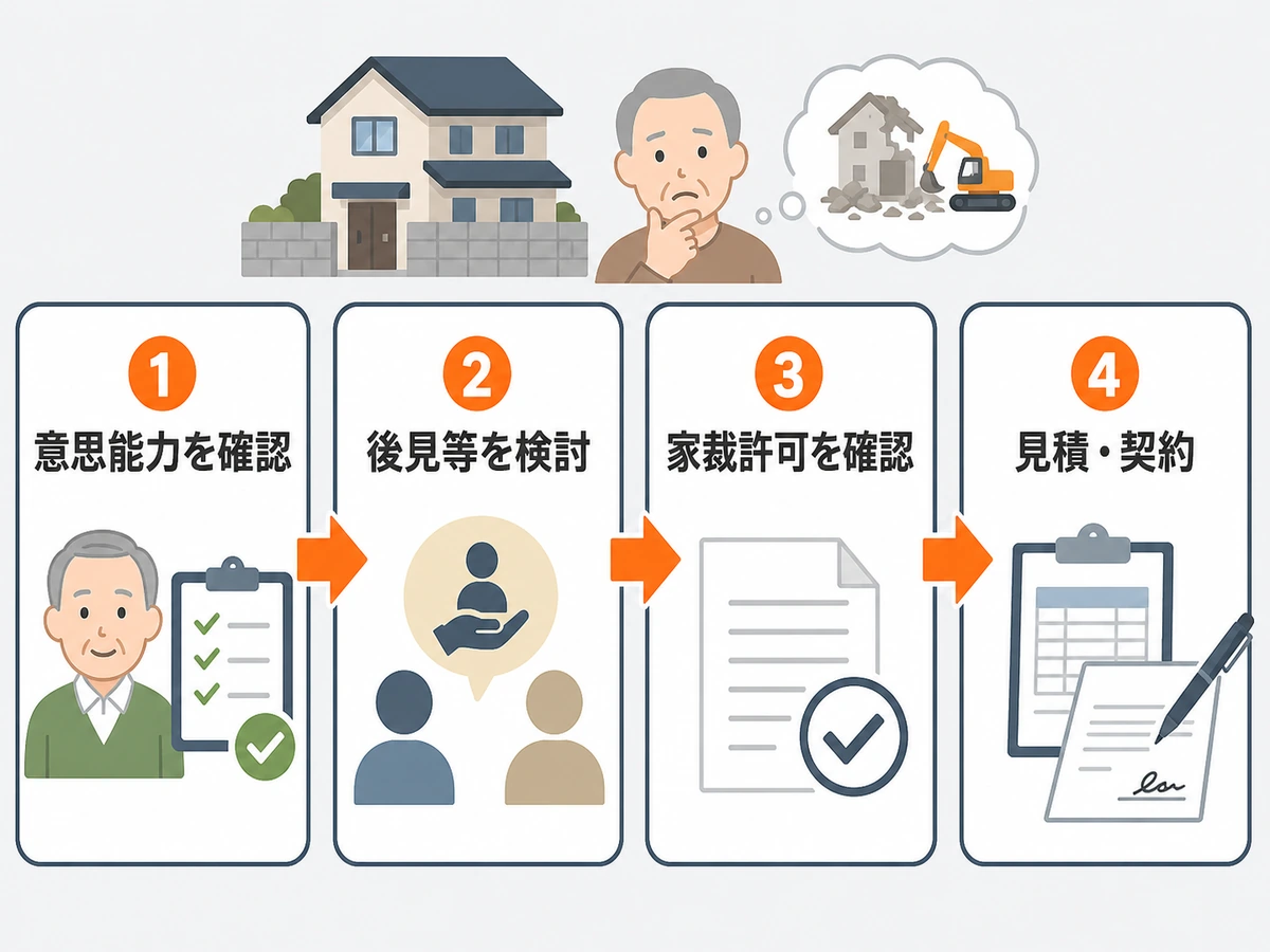 認知症の親名義の空き家を解体する前に、意思能力、後見等、家庭裁判所許可、見積・契約を順に確認する図