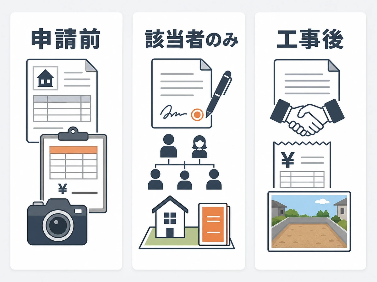 空き家解体補助金の書類を申請前・該当者のみ・工事後の3群に分けた図