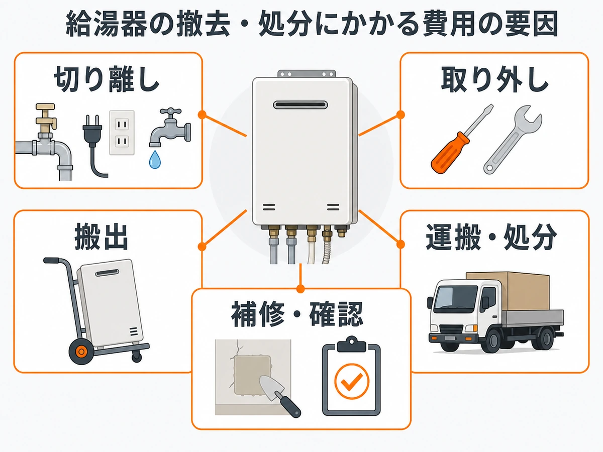 給湯器・ボイラー撤去費用を切り離し、取り外し、搬出、運搬処分、補修確認に分けた図