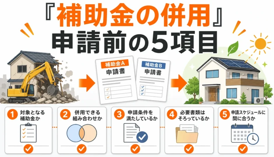 解体補助金とZEH建替え補助の併用を申請前の5項目で確認する図