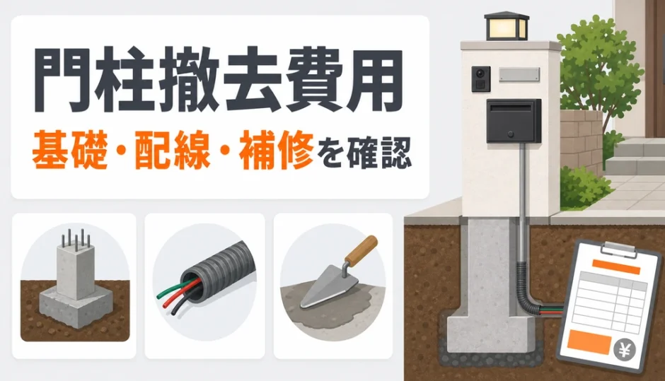 門柱撤去費用は基礎・配線・補修の範囲で変わることを示す図