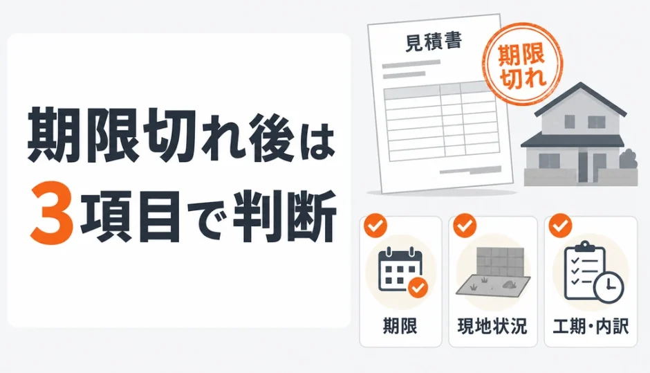解体見積の有効期限切れ後に3項目で判断することを示す図