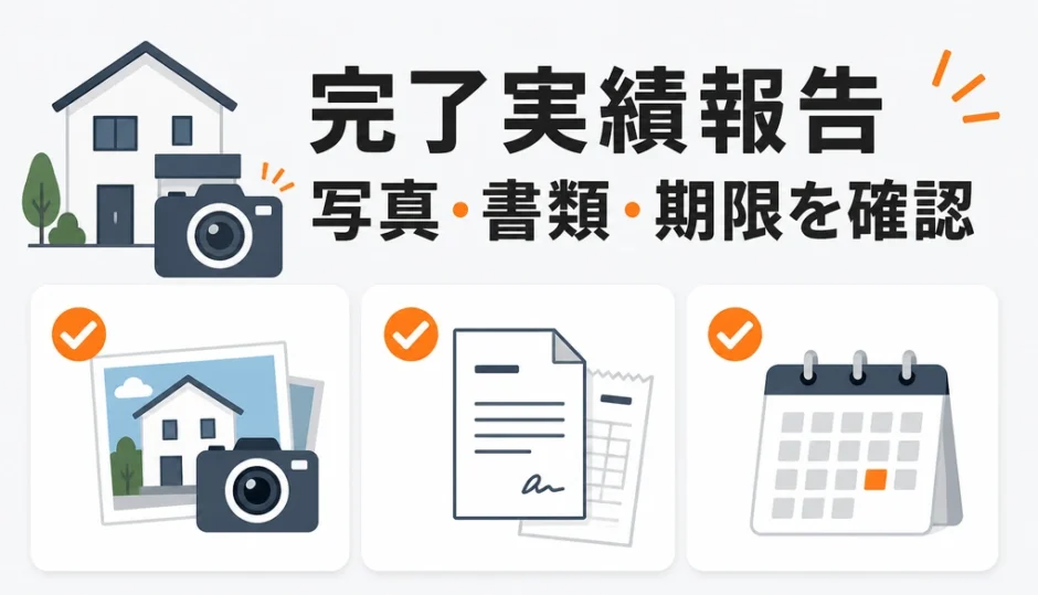 解体補助金の完了実績報告で写真・書類・期限を確認する解説図