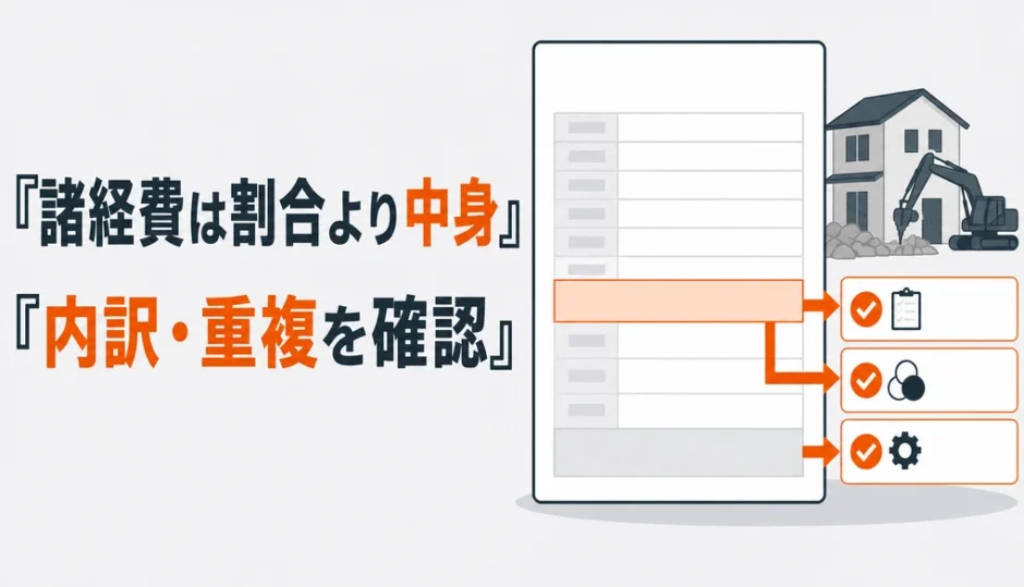解体工事の諸経費は割合より内訳と重複を確認することを示す図