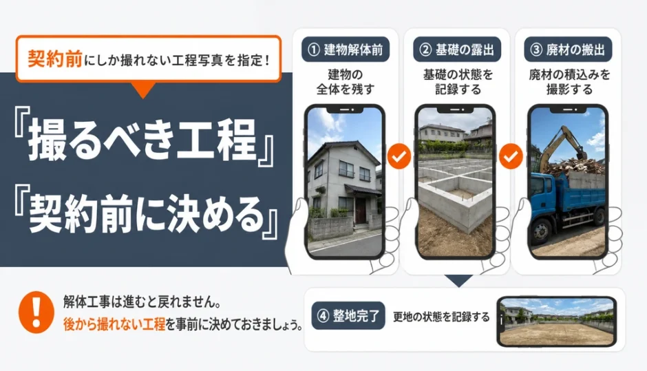解体工事で撮るべき工程を契約前に決めることを示す図