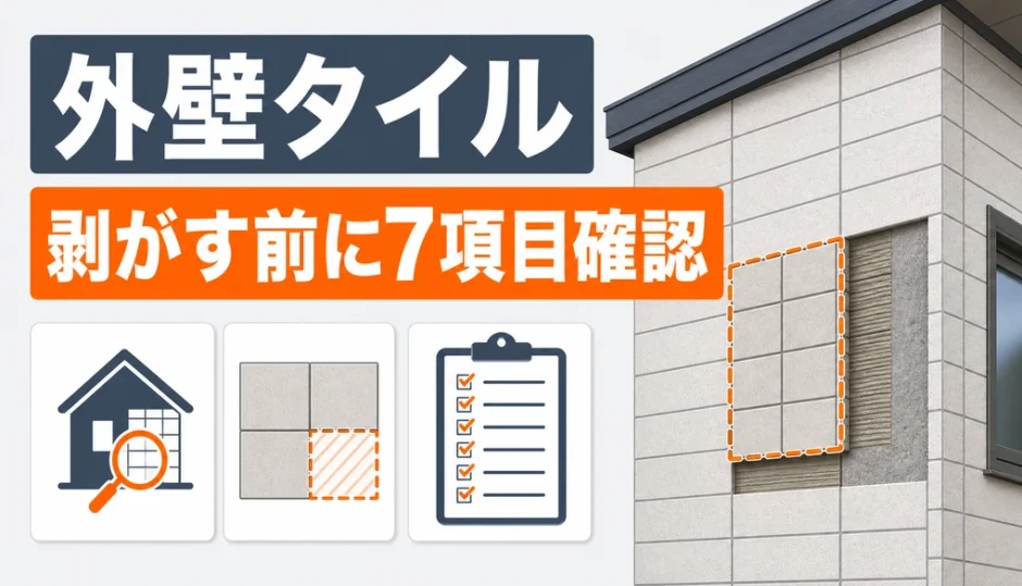 外壁タイルを剥がす前に工事範囲7項目を確認することを示す図