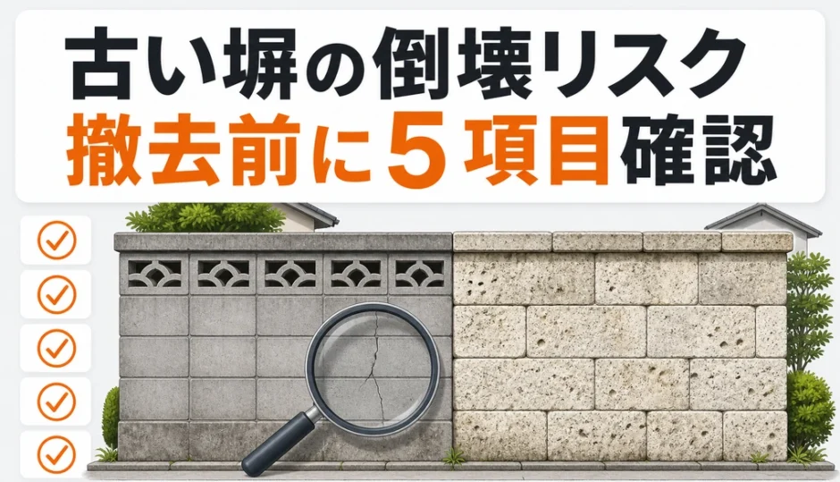古い化粧ブロック塀と大谷石塀の倒壊リスクを撤去前に確認するイメージ