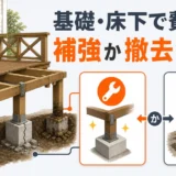 ウッドデッキの基礎と床下を確認して撤去費用と補強可否を判断するイメージ