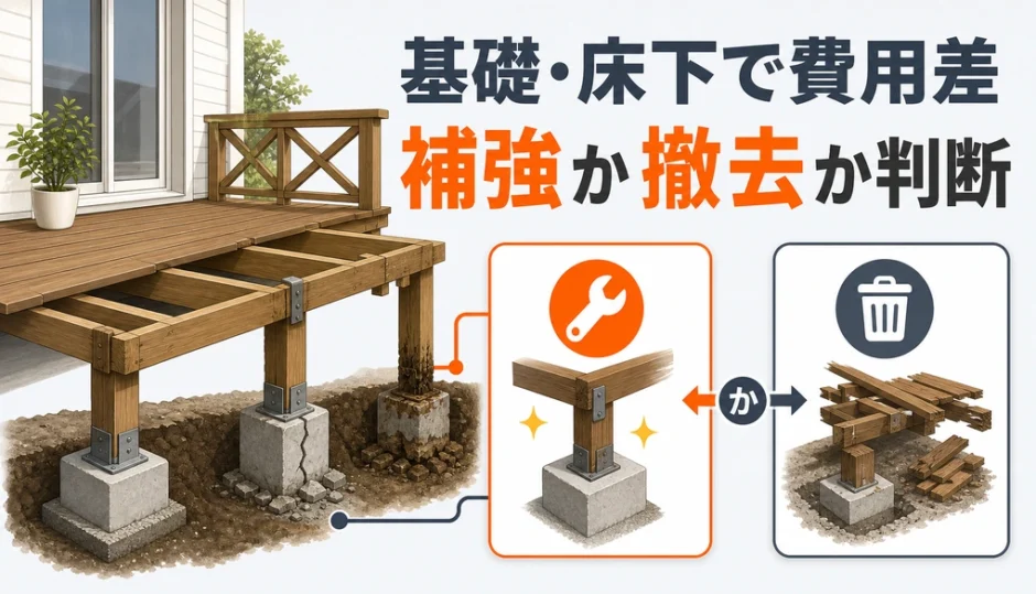 ウッドデッキの基礎と床下を確認して撤去費用と補強可否を判断するイメージ
